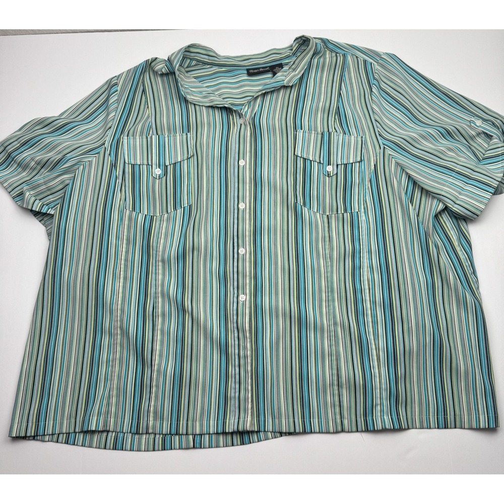 Maggie Barnes Shirt Womens 5X Blue Striped Short Sleeve Button Front Stretch
